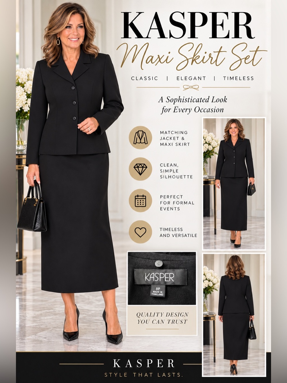 Kasper Women’s Black Skirt Suit Blazer Maxi Skirt Size 8P Petite